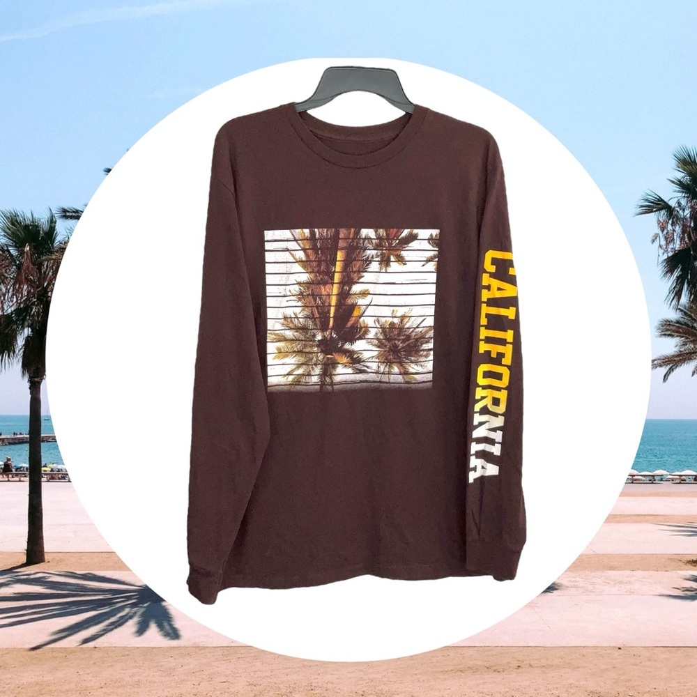 Ocean Current Dark Brownish Maroon Long/Sleeve TShirt w Palms/California Men Lg